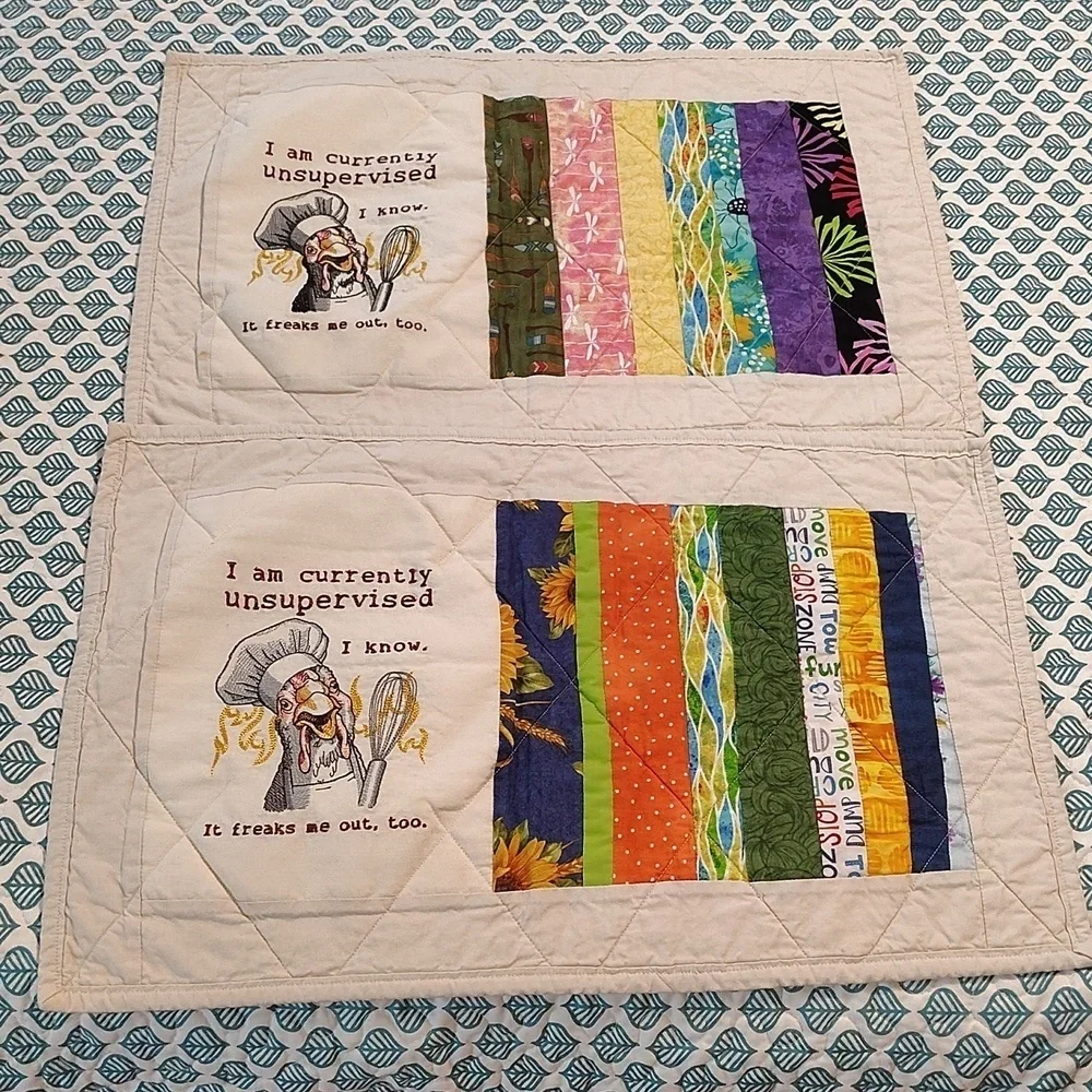 Handmade Quilted Hand Stitched Placemats Kitchen Chickens Funny Farm Funny